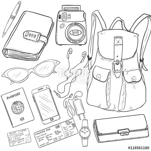 500x500 Vector Sketch Travel Set. Backpack, Purse, Watch, Ticket, Driver