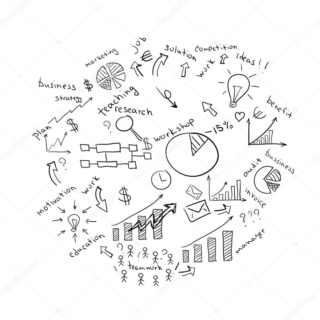 1024x1024 Business Sketches Charts, Bulbs And More Stock Photo