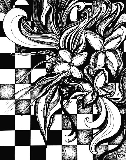 432x550 Pen And Ink Flowers On Checkerboard By Dj Smith Zentangle