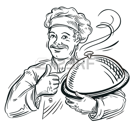 450x424 Hand Drawn Sketch Of A Chef With A Tray In His Hand. Vector