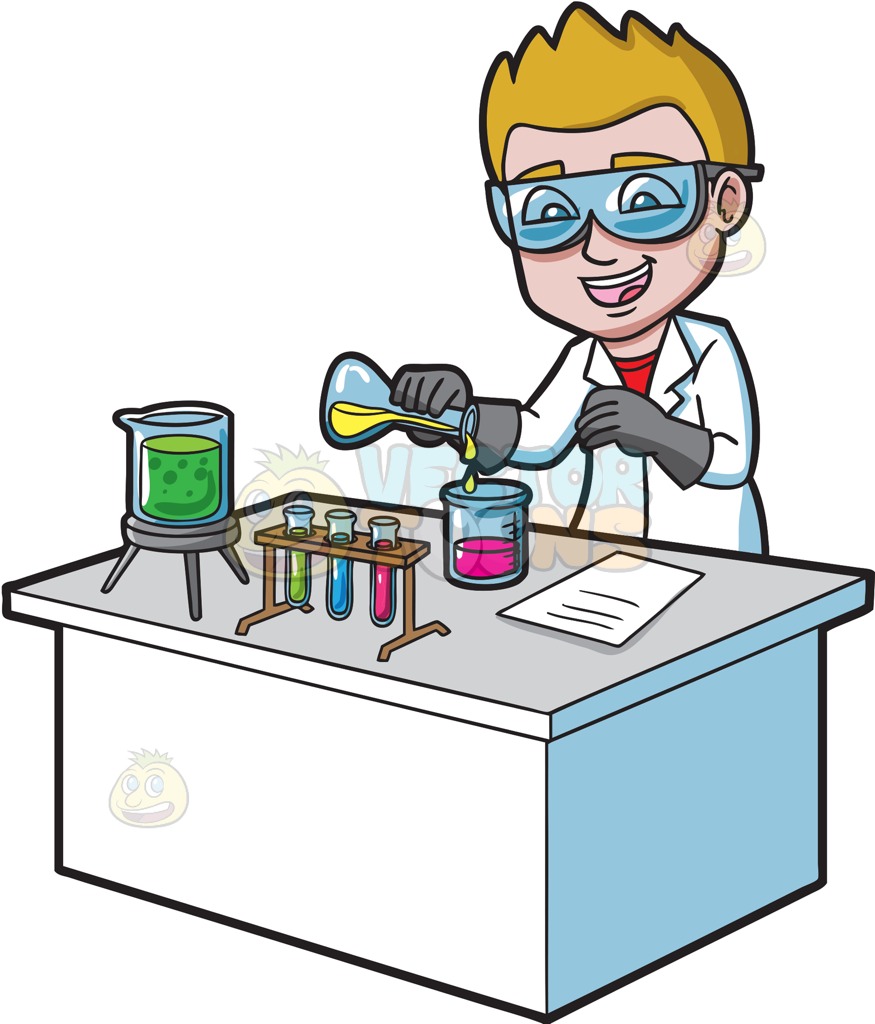 875x1024 A Happy Scientist Mixing Chemicals Cartoon Clipart