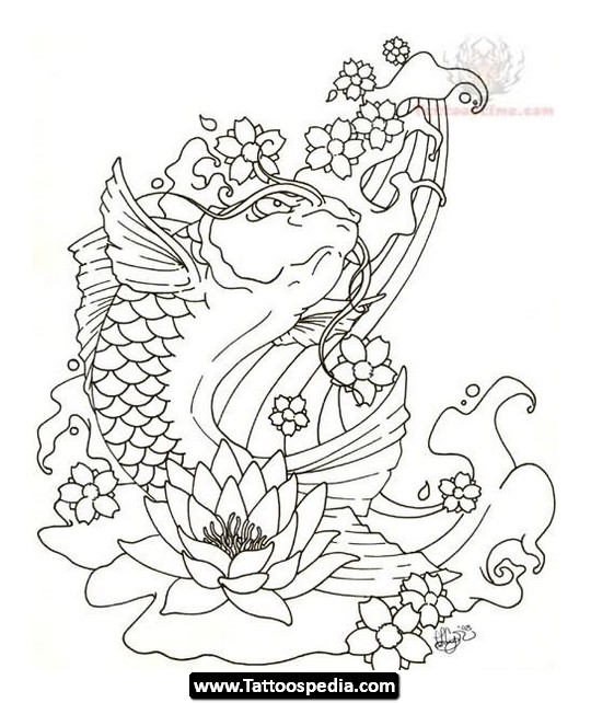 540x642 Awesome Cherry Blossom Flowers Fish Tattoo Design
