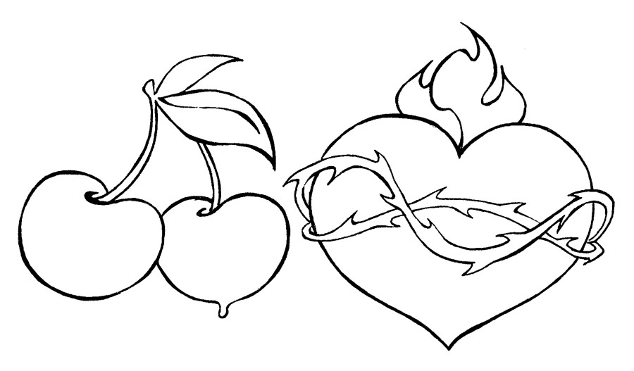 900x527 Black Two Cherry And Heart Tattoo Stencil By Porque Te Tocas En La