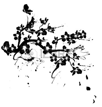 433x450 Illustration With Cherry Tree Flowers Silhouette On White