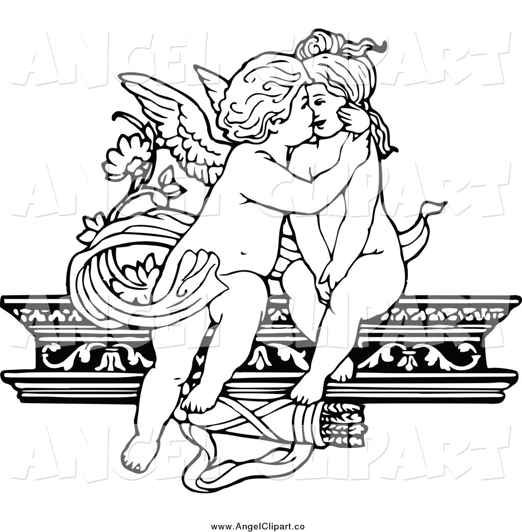 1024x1044 Clip Art Of Black And White Cherubs Kissing On A Shelf By Prawny