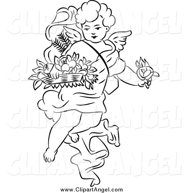 600x620 Illustration Vector Of A Black And White Angel Cherub With Flowers
