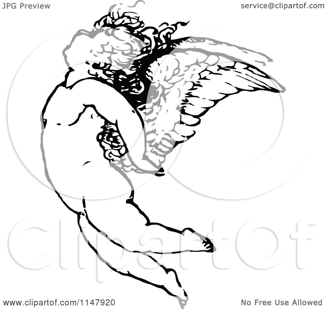 1080x1024 Clipart Of A Retro Vintage Black And White Cherub Flying