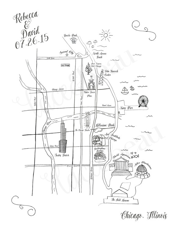 570x738 Custom Wedding Map Chicago Wedding Map Save The Date Wedding
