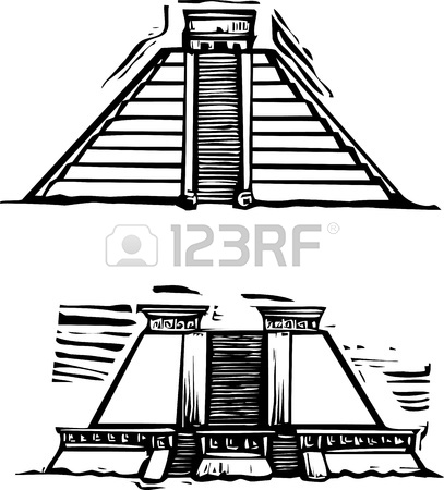 407x450 Woodcut Style Image Of The Mayan Pyramids At El Tajin And Chichen