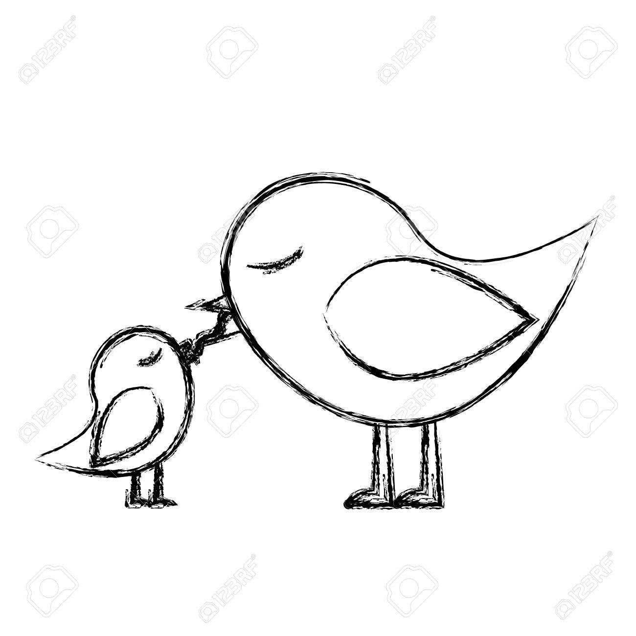 1300x1300 Monochrome Sketch Of Bird Feeding A Chick Vector Illustration