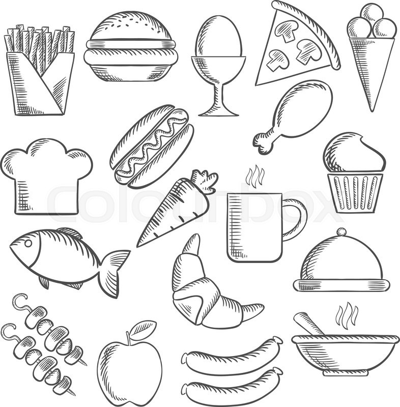 786x800 Food, Snacks And Drinks Sketch Icons With Pizza, Sausages, Burger