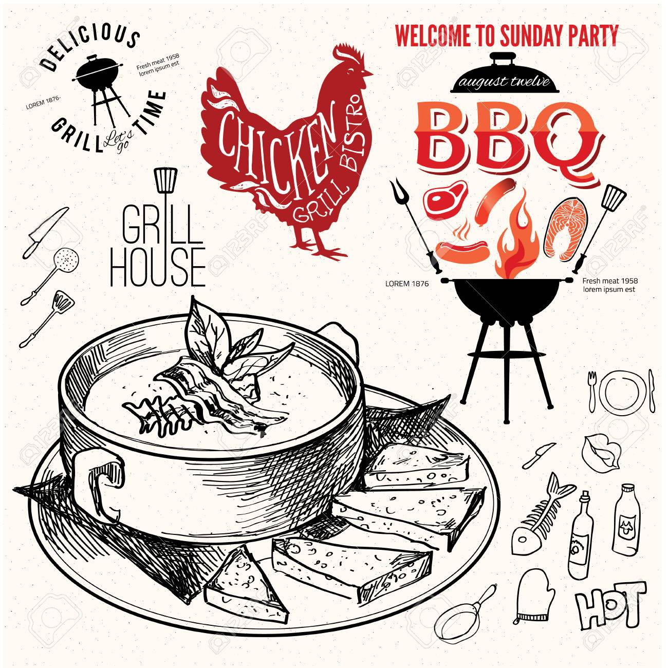 1300x1300 Soup Hand Drawn. Chicken Label Sketchy Illustration Design Eps
