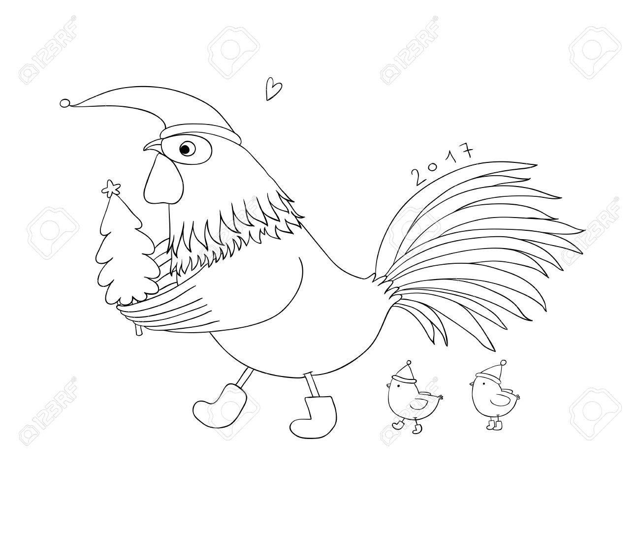 1300x1083 Cartoon Rooster Cute, Little Chickens And Christmas Tree. Isolated