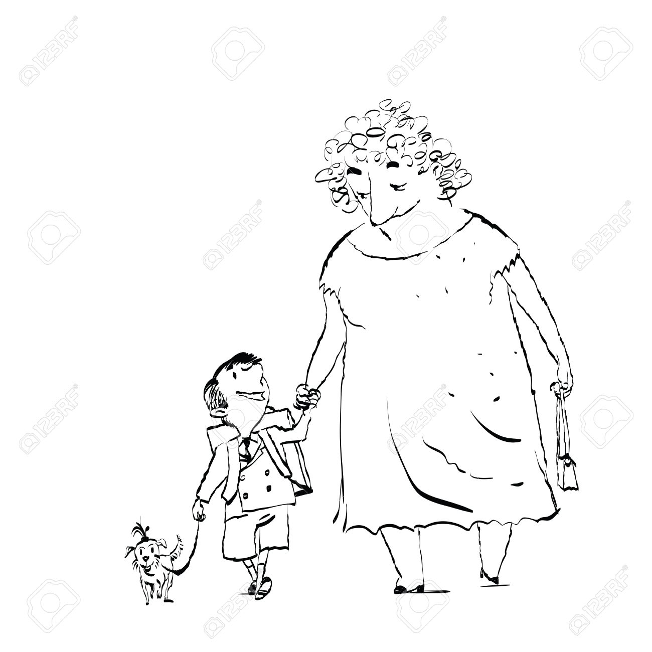 1300x1300 Grandma, Grandson And Dog On A Walk. Black And White Sketch