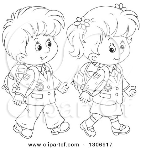 450x470 Lineart Clipart Of Cartoon Black And White Happy School Children