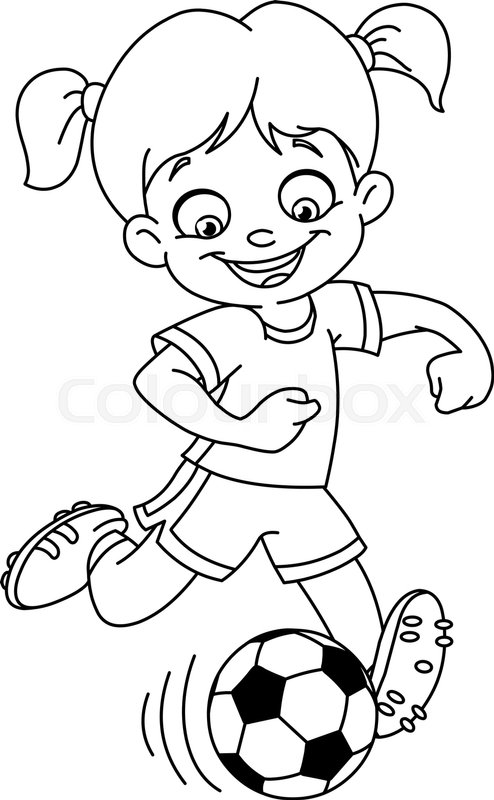 494x800 Outlined Young Girl Playing Soccer. Vector Line Art Illustration