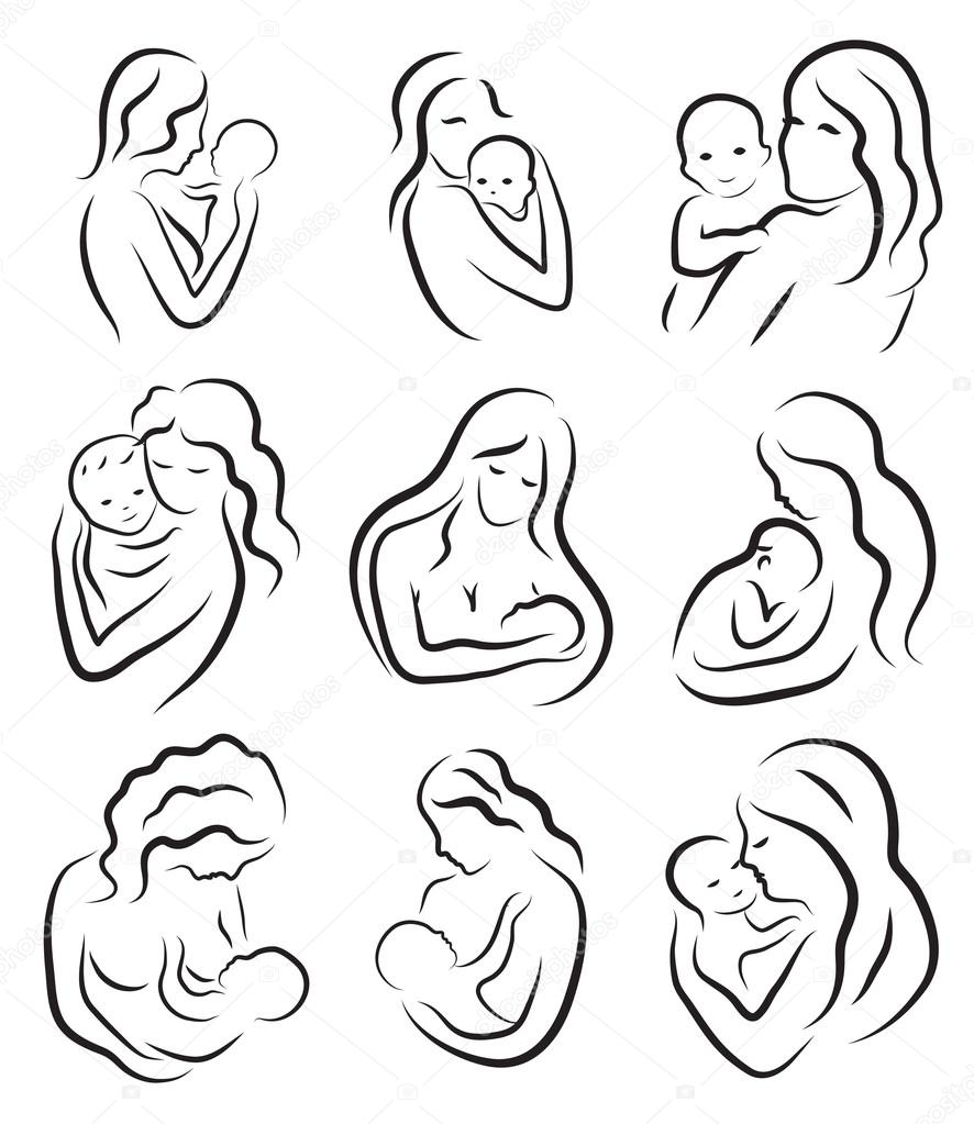 886x1023 Set Silhouette Sketch Mother And Child, Mother Holding A Baby