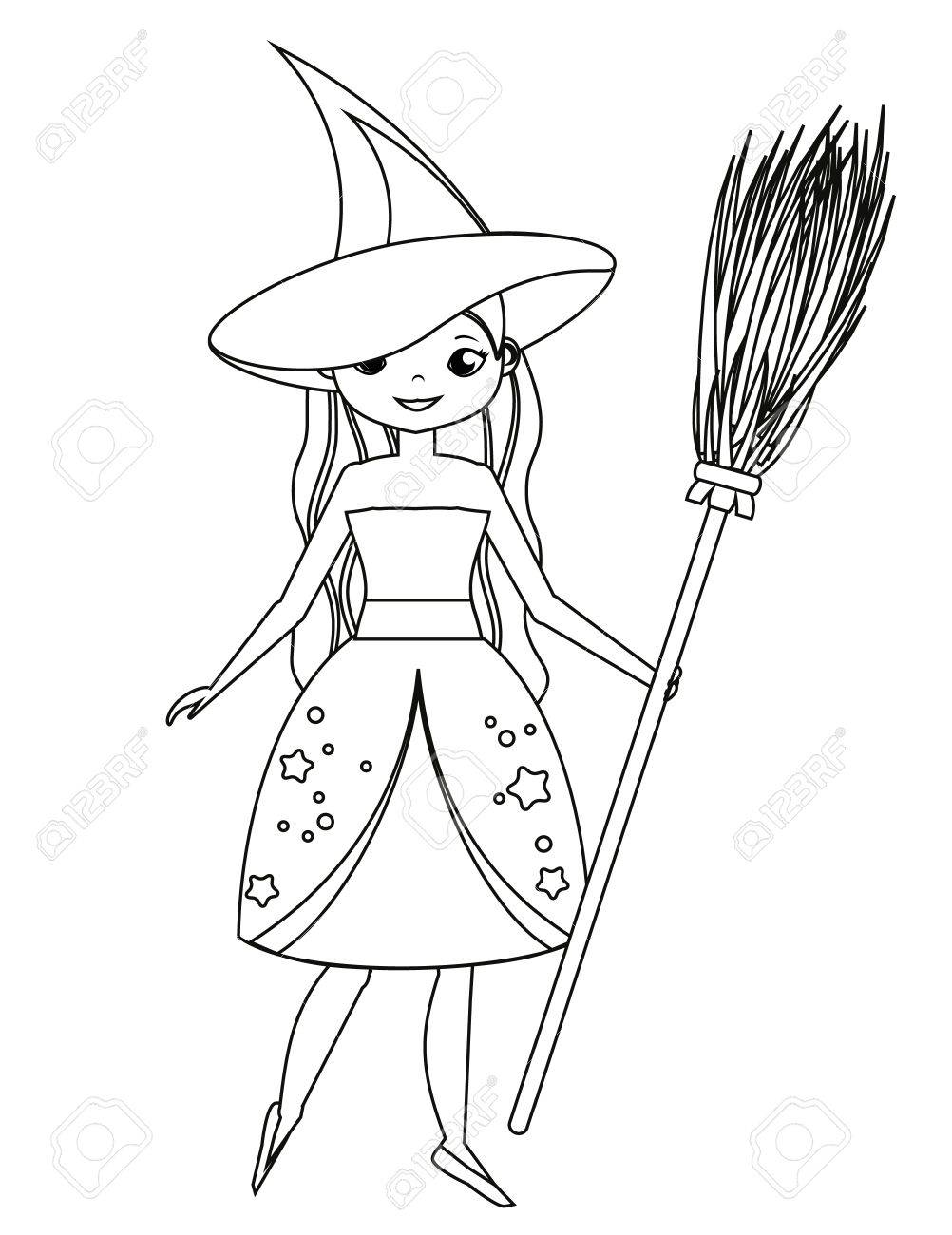 1002x1300 Coloring Page For Children. Cute Witch Holding Broom. Girl