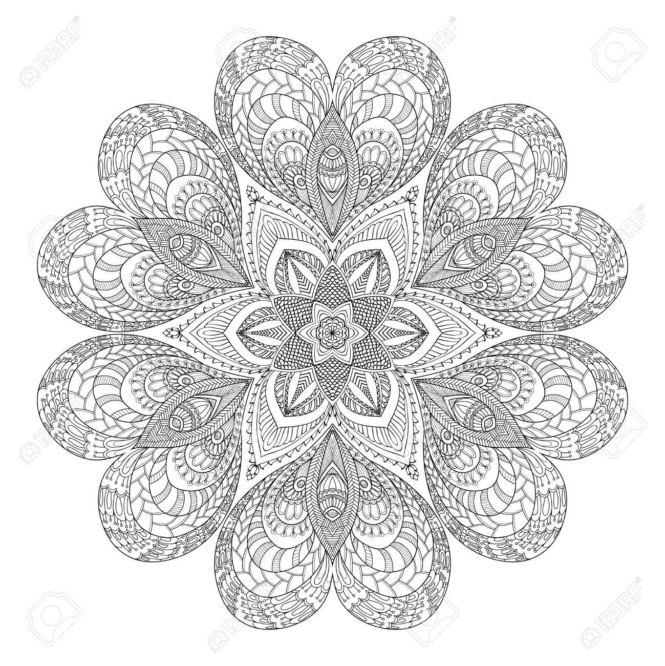 1299x1300 Decorative Mandala With Love Hearts. Coloring Book For Adult