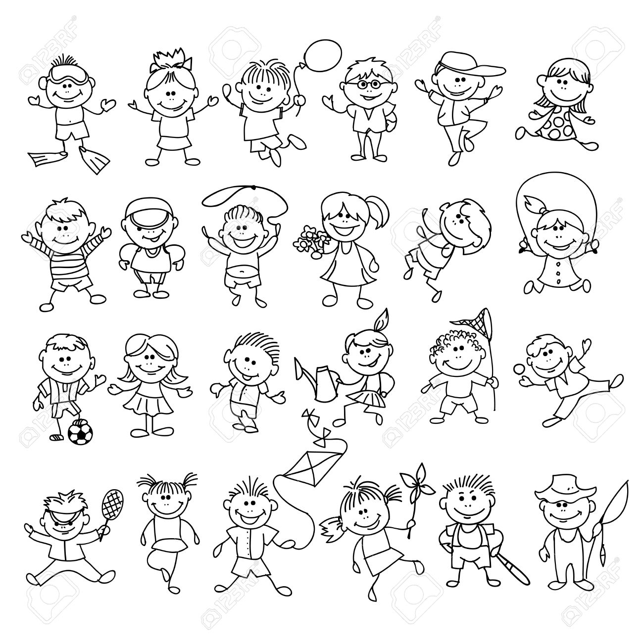 1299x1300 Doodle Children On Vacation. Boy And Girl Cartoon Sketch , Ball