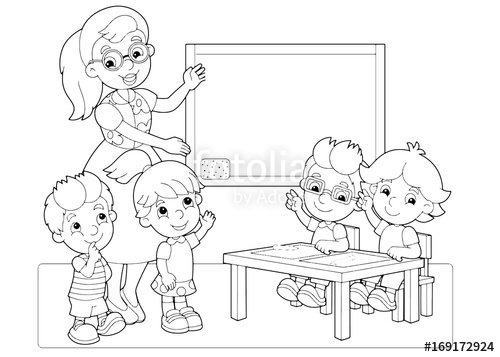 500x357 Cartoon Scene With Children And Teacher In The Classroom Holding