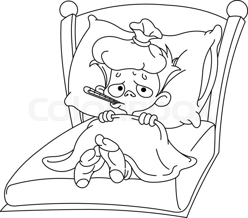 800x704 Outlined Sick Kid Lying In Bed. Vector Illustration Coloring Page