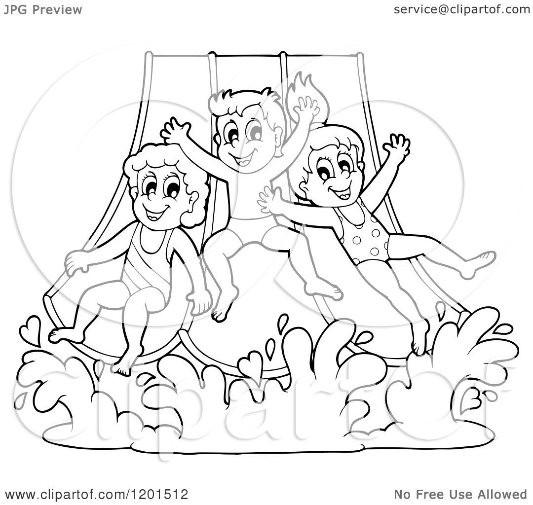 1080x1024 Cartoon Of Happy Outlined Children Going Down A Water Park Slide