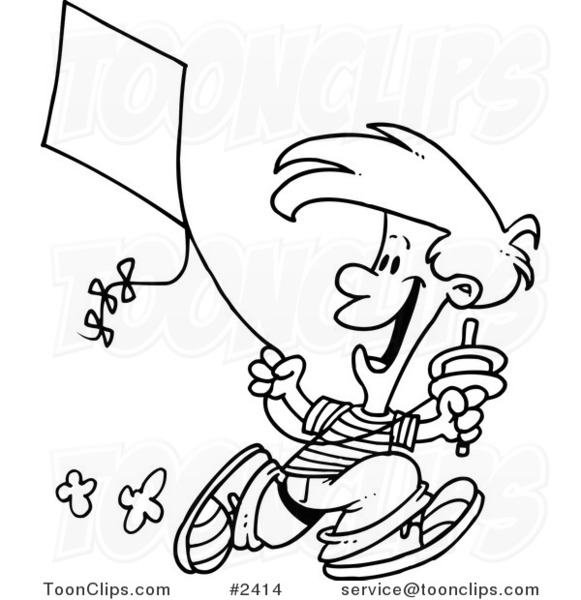 581x600 Cartoon Black And White Line Drawing Of A Boy Flying A Kite