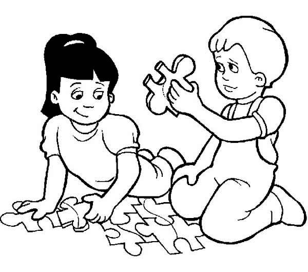 600x529 Children Playing Coloring Page Two Kids Playing Puzzle While