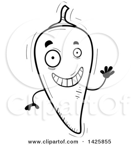 450x470 Clipart Of A Cartoon Black And White Doodled Waving Hot Chile