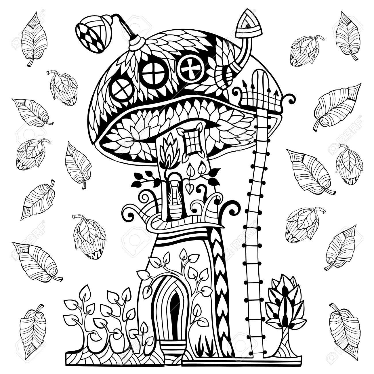 1300x1300 Mushroom House, Terrace, Chimney And Satellite. Doodle And Style