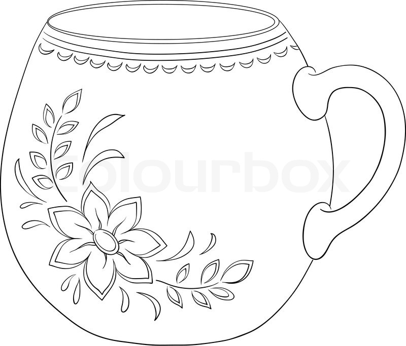 800x683 China Cup With A Pattern From A Flower And Leaves, Contour Stock