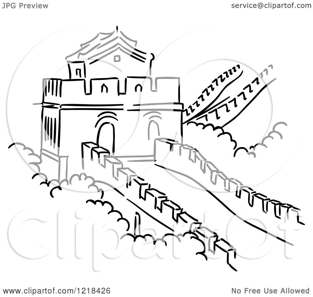 1080x1024 Clipart Of A Black And White Sketch Of The Great Wall Of China