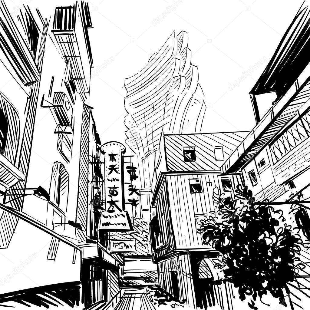 1024x1024 Hand Drawn China City Sketch, Banner Design. Vector Illustration