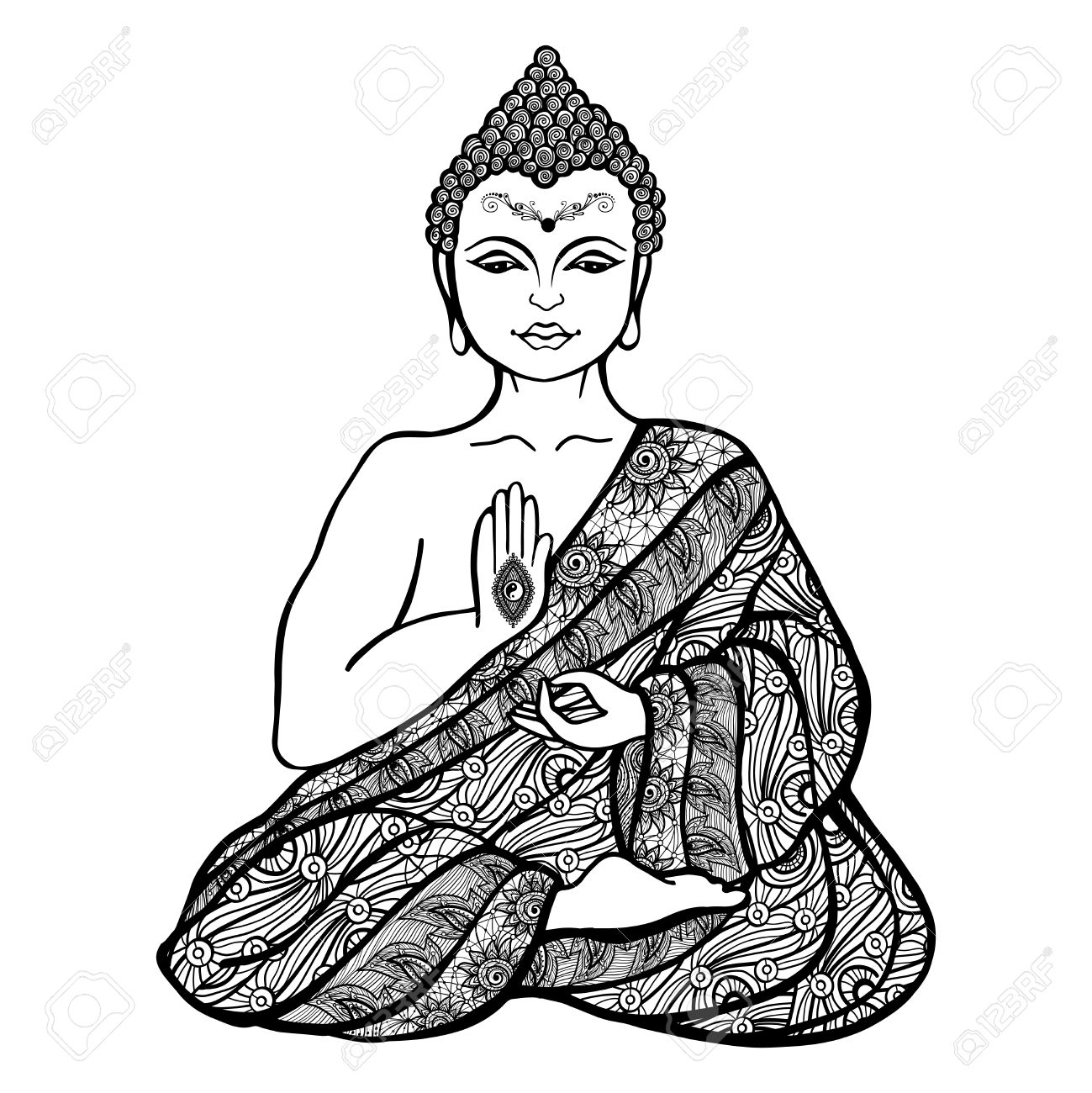 1299x1300 Decorative Buddha In Lotus Position In Ornamental Cloth Sketch