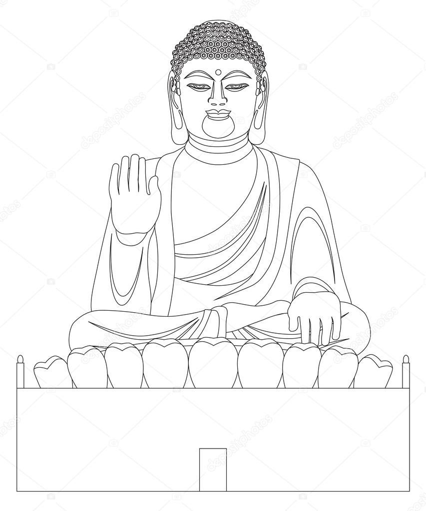 853x1023 Asian Big Buddha Black And White Line Art Stock Vector