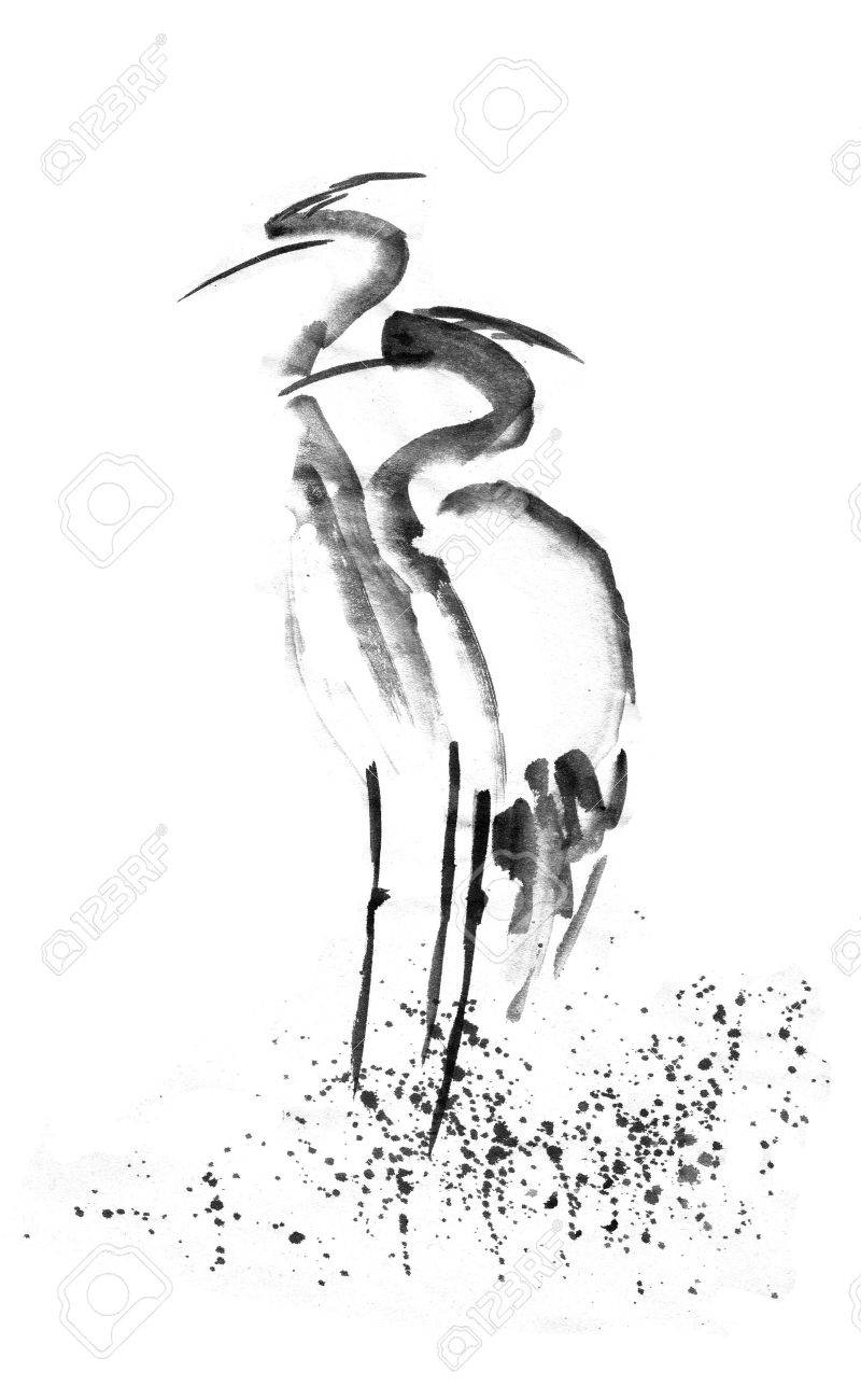 800x1300 Beautiful Gallant Stork Heron Crane Love. Black Ink. Japanese