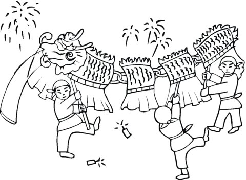480x352 Kids Playing Chinese Dragon Dance Coloring Page Free Printable