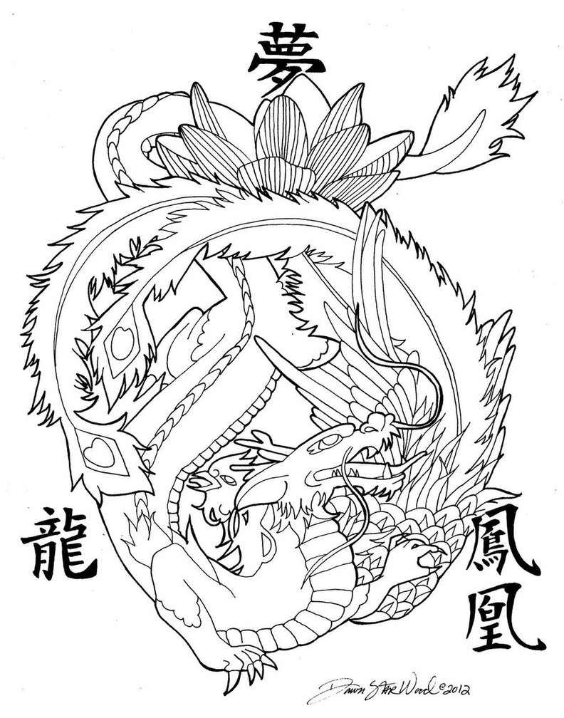 792x1008 Drawn Chinese Dragon Phoenix