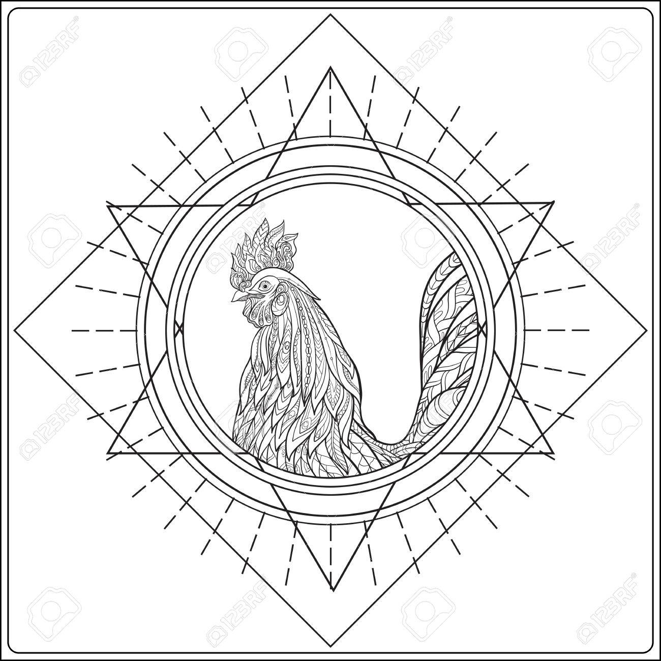 1300x1300 Decorative Rooster On Sacred Geametry Background. Chinese New Year