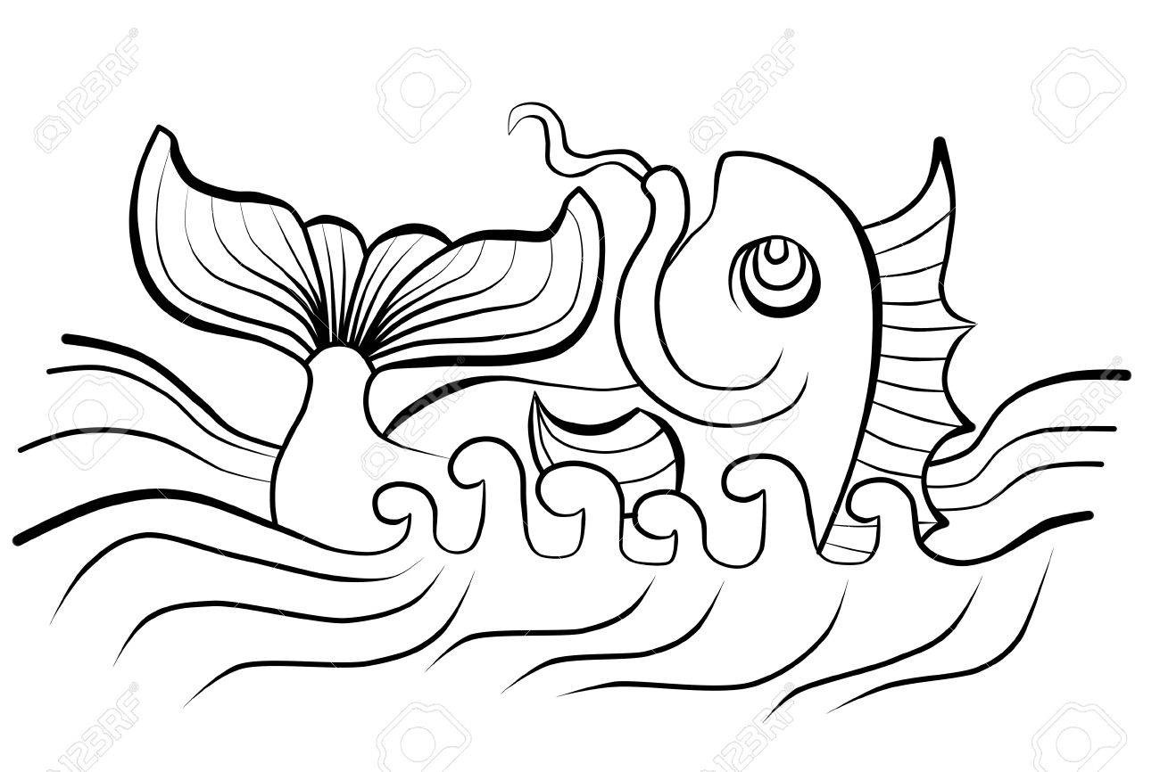 1300x866 Chinese Green Fish Drawing In The Stone Stock Photo, Picture