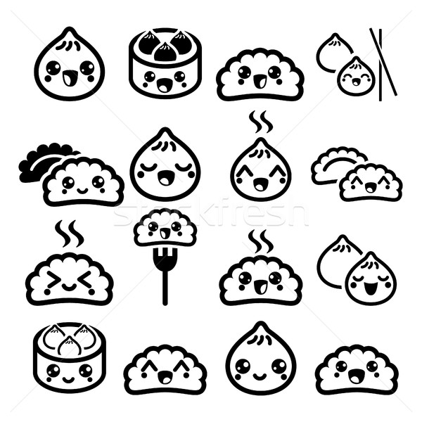 600x600 Kawaii Chinese Dumplings, Cute Asian Food Dim Sum Vector Icons Set