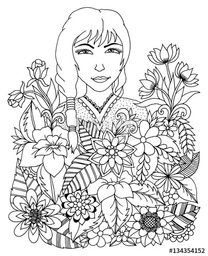406x500 Vector Illustration Zentangl Portrait Of Chinese Girl In Flowers