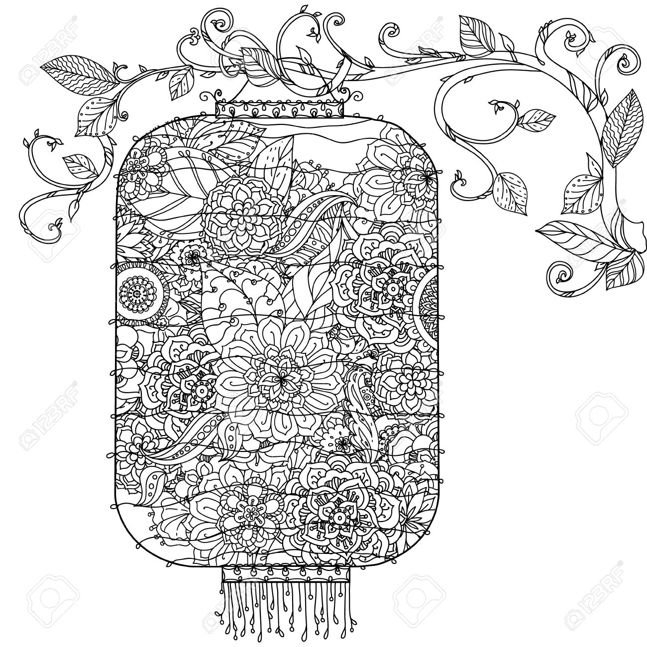 1300x1300 Chinese Lantern Hand Drawing. Flowers Tree And Birds. Black