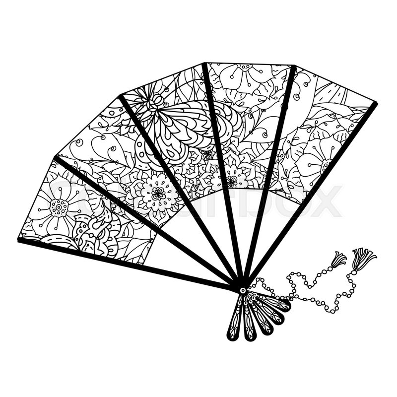 800x800 Fan Decorated By Floral Patterns For Adult Coloring Book. Black