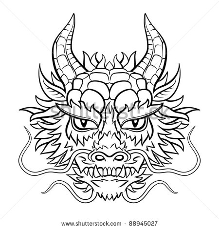 450x470 Original Dragon Head. Black And White Vector Illustration.