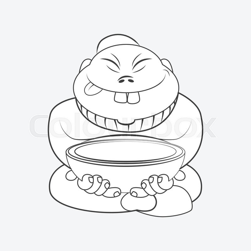 800x800 Line Drawing Cartoon Chinese Man Sitting With A Plate. Cartoon
