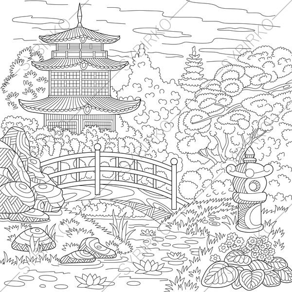 600x600 Chinese Pagoda. Japanese Garden. Coloring Pages. Coloring Book