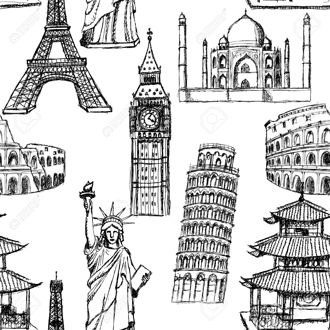 1300x1300 Sketch Eiffel Tower, Pisa Tower, Big Ben, Taj Mahal, Coliseum