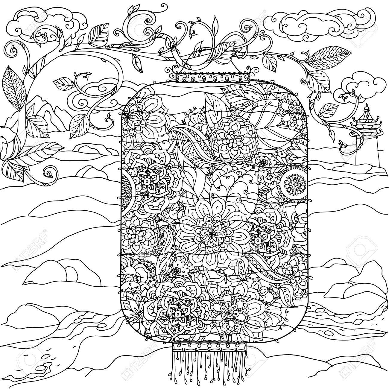 1300x1300 Chinese Lantern Hand Drawing. Flowers Tree Birds. Black